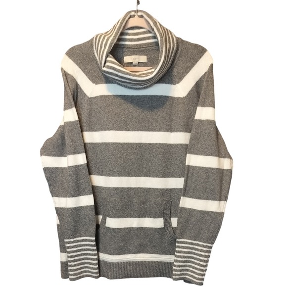 LOFT Sweaters - Loft Gray White Stripe Cowl Neck Front Pocket Long Sleeve Pullover Sweater XL